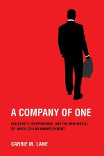 image of a book cover, red background with black silhouette of a man carrying a briefcase walking away
