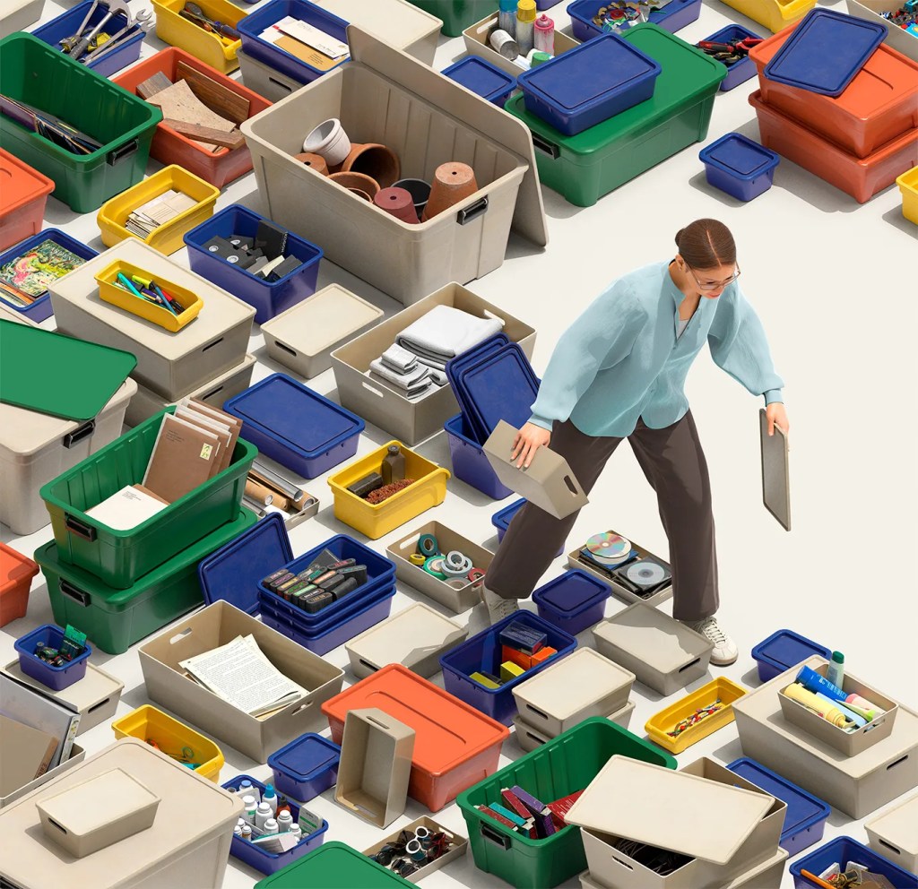 drawing of white woman with brown hair surrounded by boxes of many colors filled with different kinds of belongings